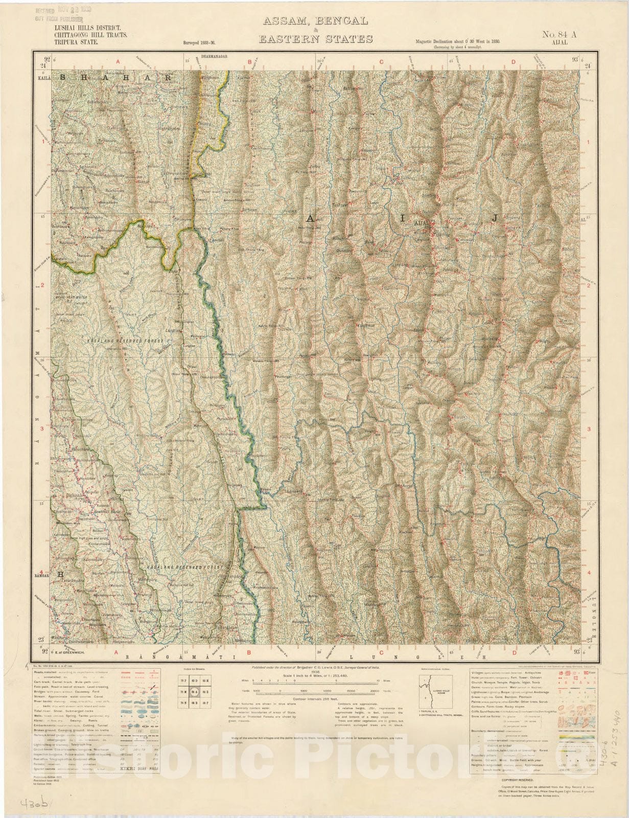 Map : Lushai Hills District, Chittagon Hill Tracts, Tripura State, Assam, Bengal & Eastern states, No. 84 A Aijal 1938, India 1:253,440, Antique Vintage Reproduction