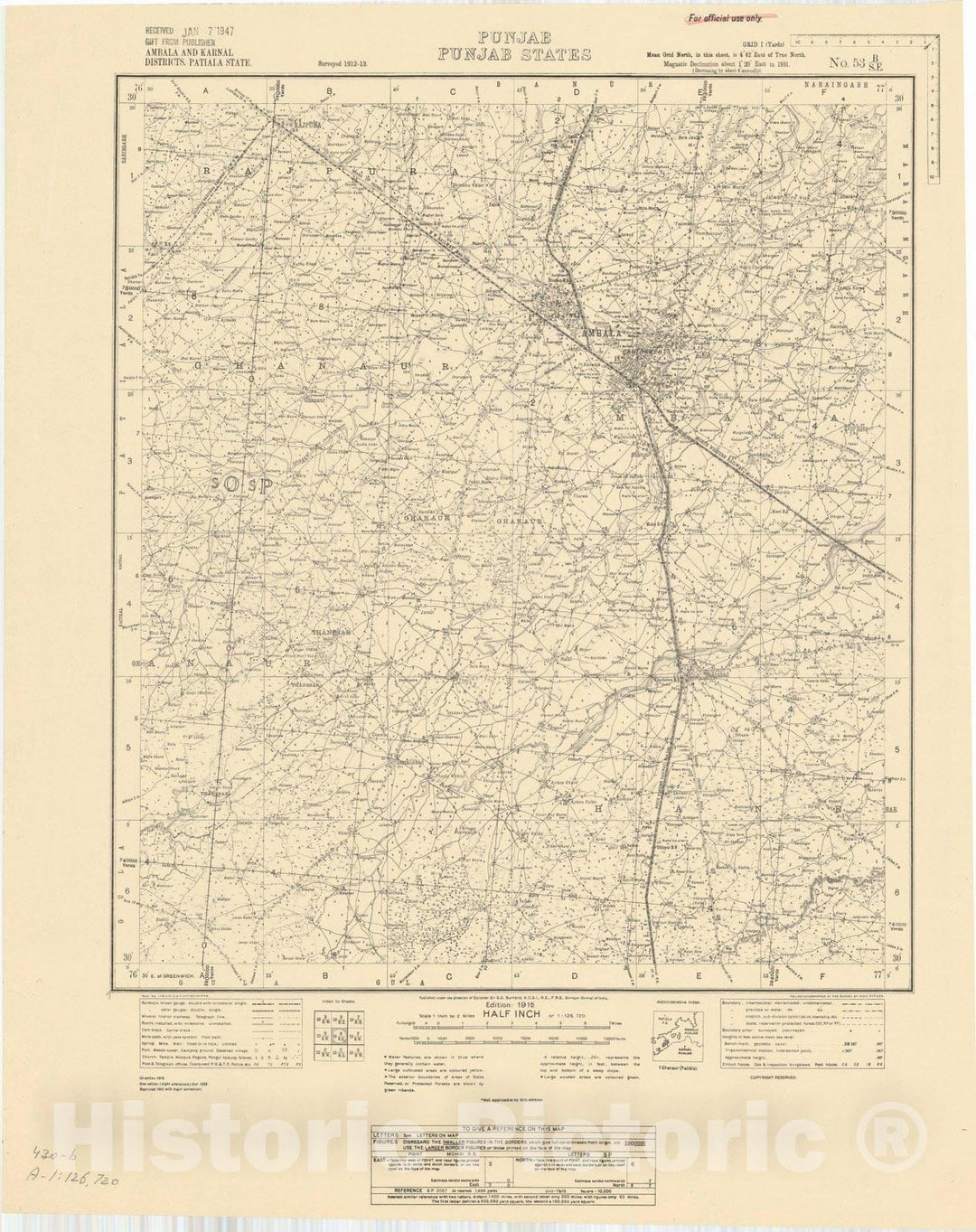 Map : Ambala and Karnal Districts, Patiala State, Punjab, Punjab States, No. 53 B/S.E. 1943, India and adjacent countries, Antique Vintage Reproduction