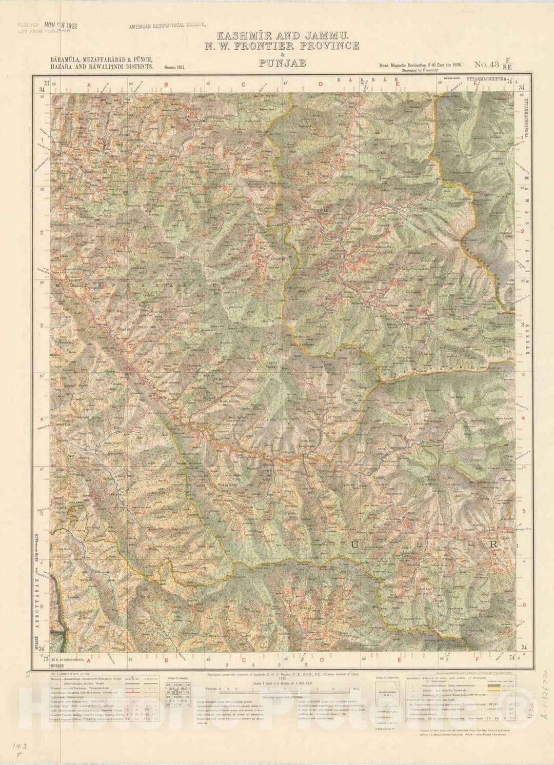 Historic Map : Baramula, Muzaffarabad & Punch, Hazara and Rawalpindi Districts, Kashmire and Jammu, N.W. Frontier Province & Punjab, No. 43 F/S.E. 1920, India and adjacent countries