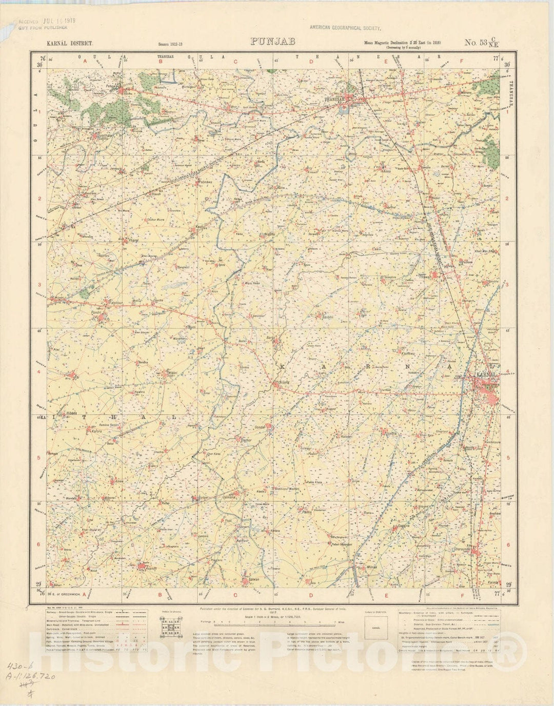 Map : Karnal District, Punjab, No. 53 C/N.E. 1917, India and adjacent countries, Antique Vintage Reproduction