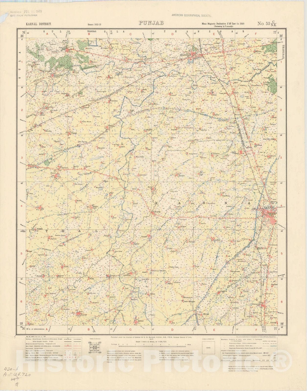 Map : Karnal District, Punjab, No. 53 C/N.E. 1917, India and adjacent countries, Antique Vintage Reproduction