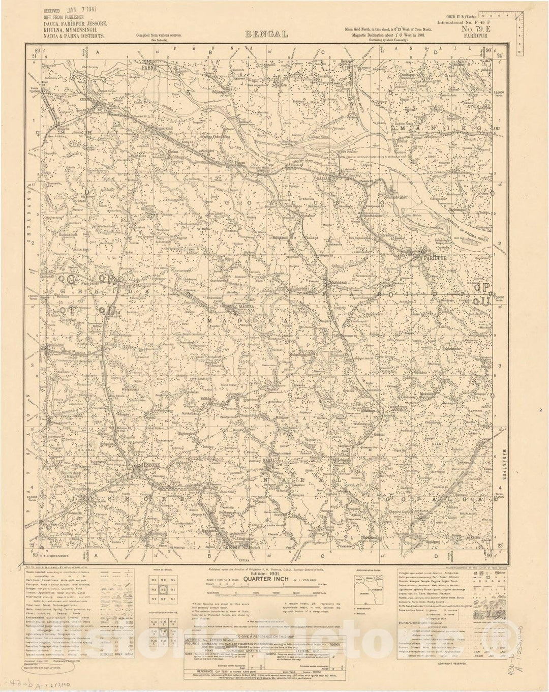 Map : Dacca, Faridpur, Jesore, Khulna, Mymensingh, Nadia & Pabna Districts, Bengal, No. 79 E 1943, India 1:253,440, Antique Vintage Reproduction