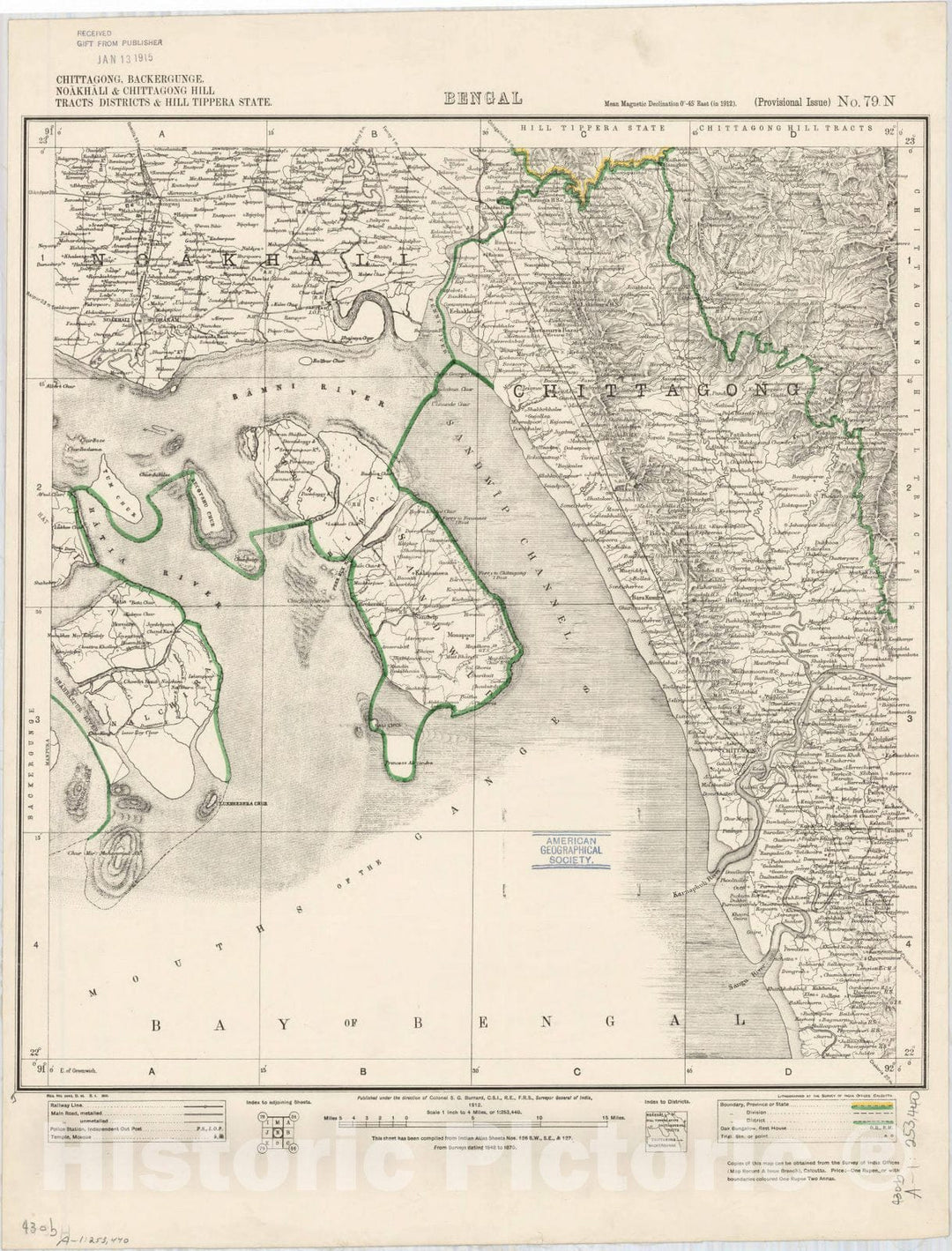 Map : Chittagon, Backergunge, Noakhali & Chittagong Hill Tracts Districts & Hill Tippera State, Bengal, No. 79 N 1912, India 1:253,440, Antique Vintage Reproduction