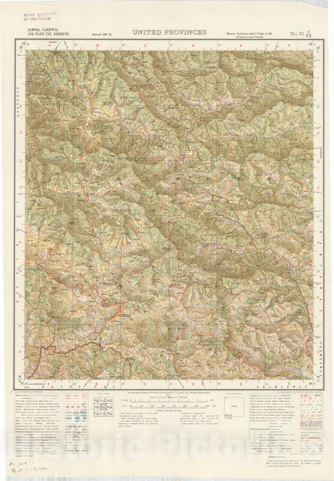 Map : Almora, Garhwal and Naini Talk Districts, United Provinces, No. 53 O/N.E. 1937, India and adjacent countries, Antique Vintage Reproduction