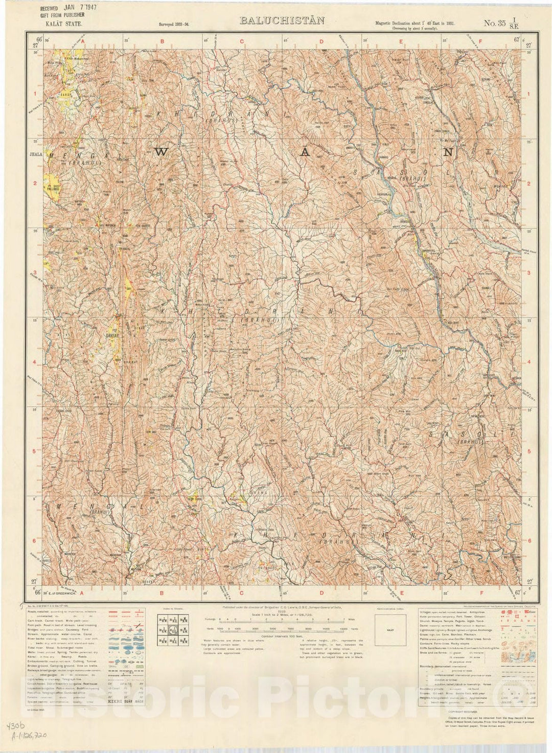 Map : Kalat State, Baluchistan, No. 35 I/S.E. 1939, India and adjacent countries, Antique Vintage Reproduction