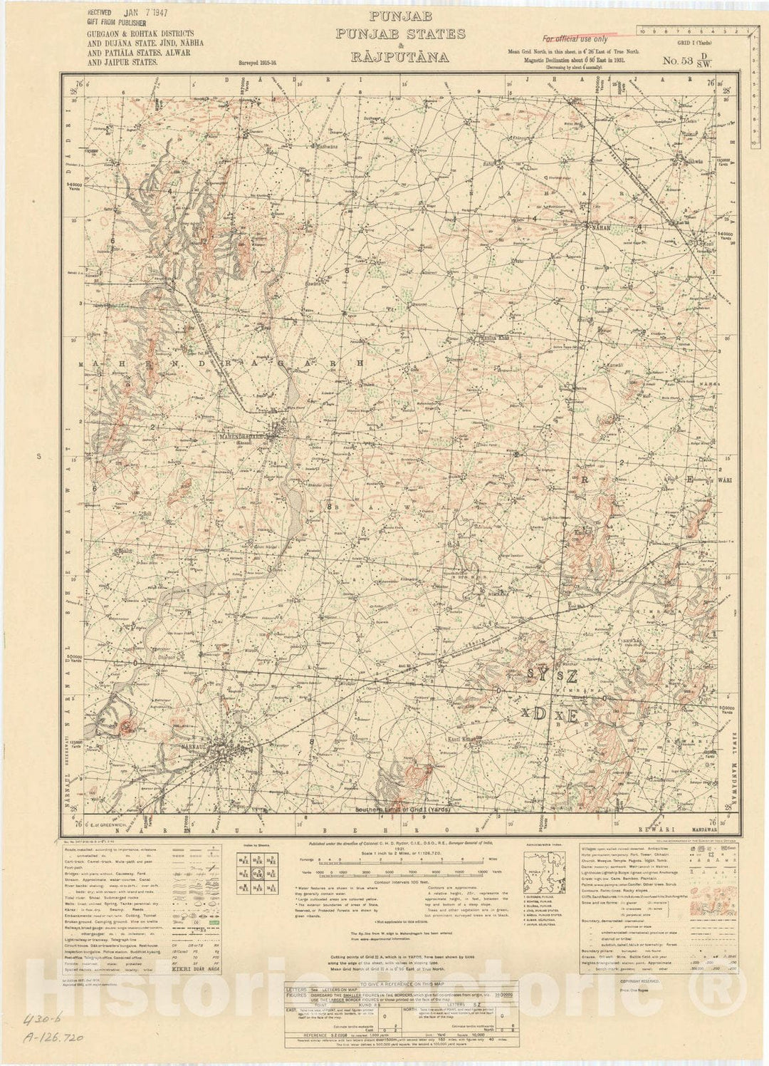 Map : Gurgaon & Rohtak Districts and Dujana, Jind, Nabha and Patiala, Alwar, Jaipur States, Punjab, Punjab & Rajputana, 1943, Antique Vintage Reproduction