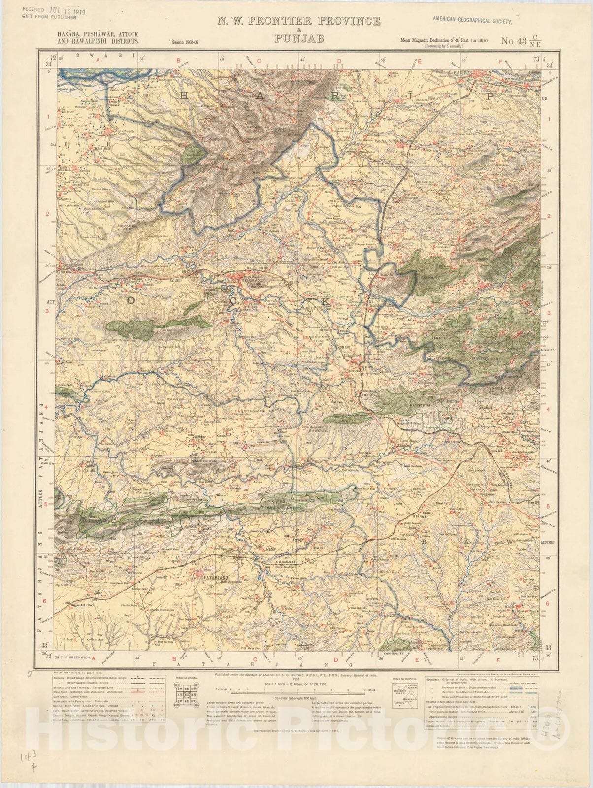 Map : Hazara, Peshawar, Attock and Rawalpindi Districts, N.W. Frontier Provine, No. 43 C/N.E. 1916, India and adjacent countries, Antique Vintage Reproduction