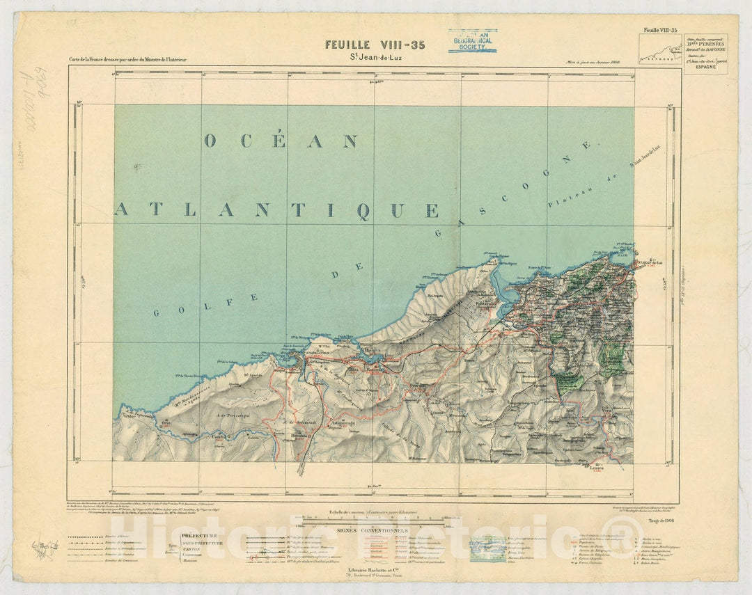 Map : St. Jean-de-Luz, France 1980, France 1:100,000. Carte de la France dressee par ordre du Ministre de l'Interieur., Antique Vintage Reproduction