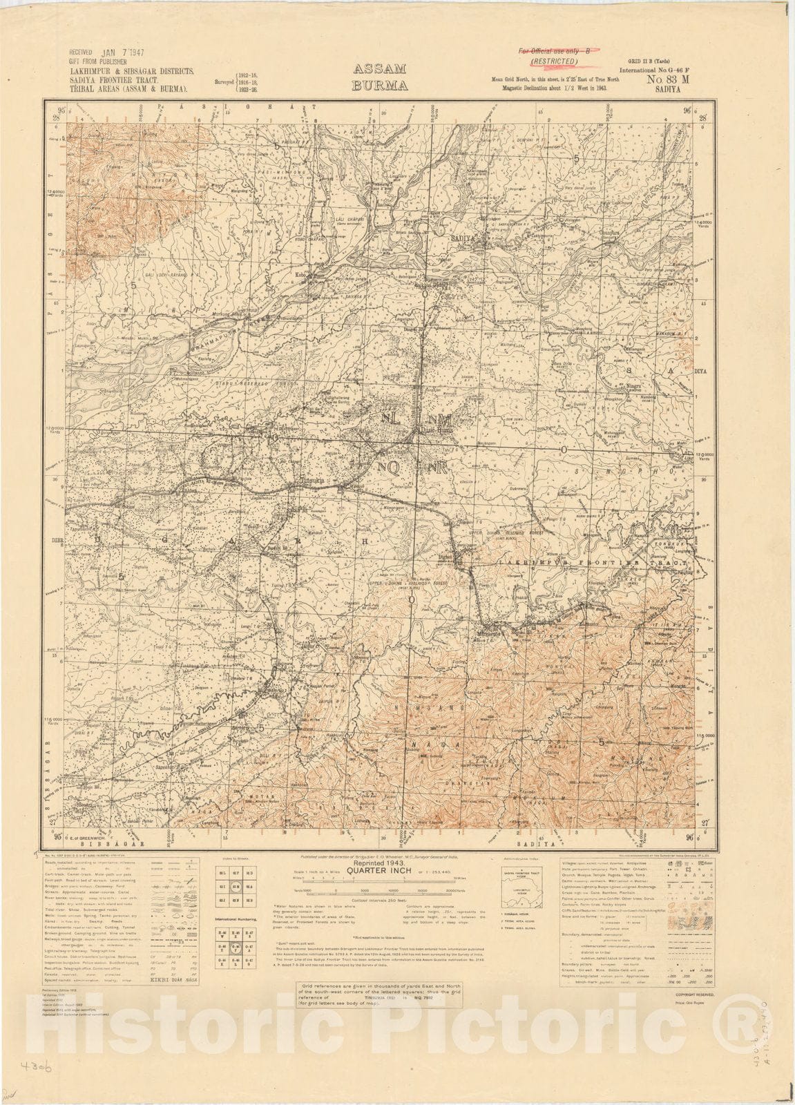 Map : Lakhimpur & Sibsagar Districts, Sadiya Frontier Tract, Tribal areas (Assam & Burma) No. 83 M 1943, India 1:253,440, Antique Vintage Reproduction