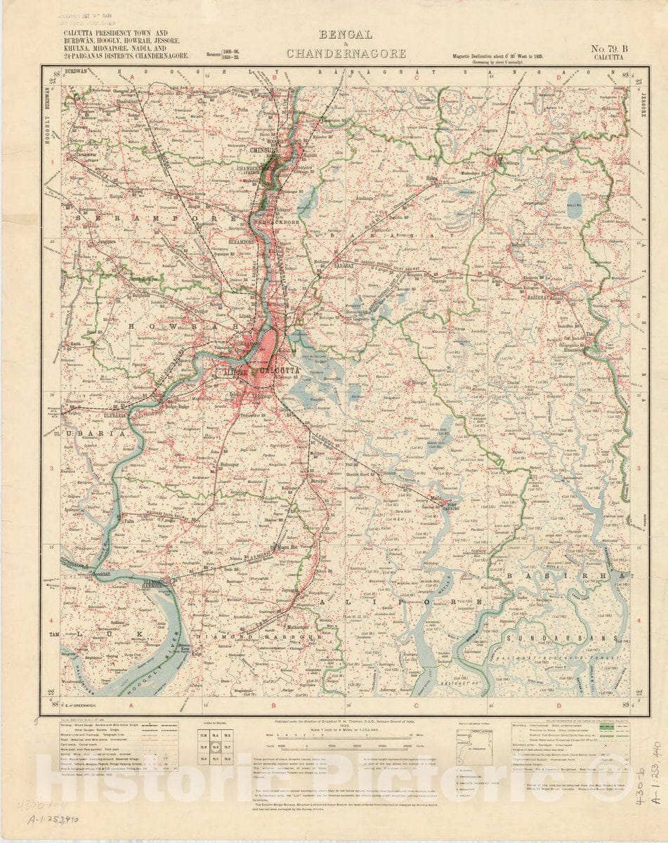 Map : Calcutta Presidency Town and Burdwan, Hoogly, Howrah, Jessore, Khulna, Midnapore, Nadia, and 24-Parganas Districts, , No. 79 B 1930, India 1:253,440