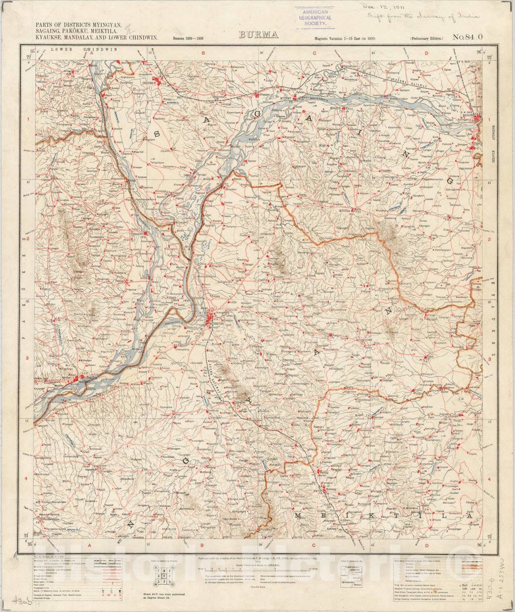 Historic Map : Parts of Districts Myingyan, Sagaing, Pakokku, Meiktila, Kyaukse, Mandalay and Lower Chindwin, Burma, No. 84 O 1910, India 1:253,440, Antique Vintage Reproduction