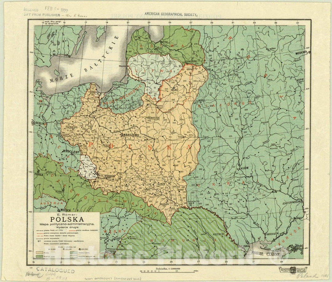 Map : Poland 1921, Polska mapa polityczno-administracyjna, Antique Vintage Reproduction