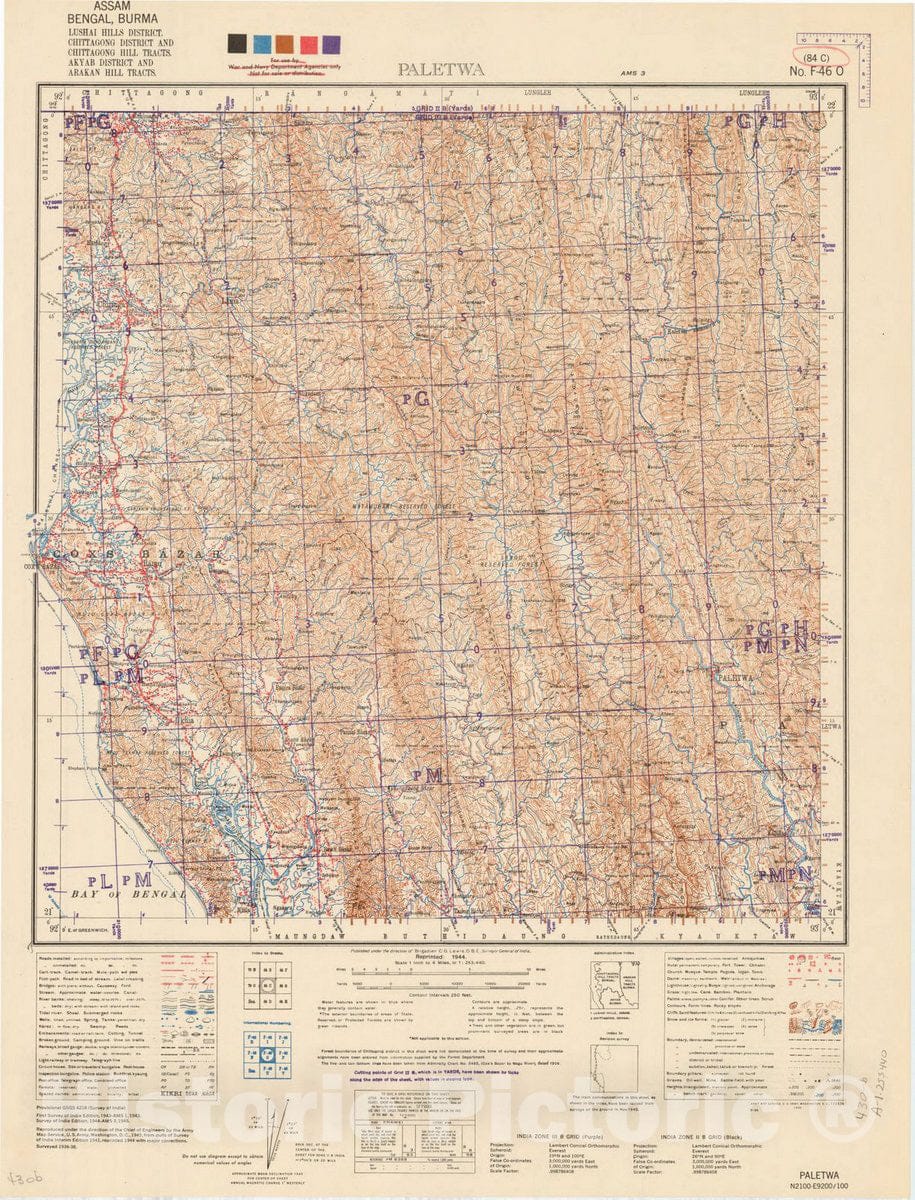 Historic Map : Assam, Bengal, Burma Lushai Hills District, Chittagong District and Chittagong Hill Tracts, Akyab District and Arakan Hill Tracts, Paletwa, 84 C 1945, India 1:253,440