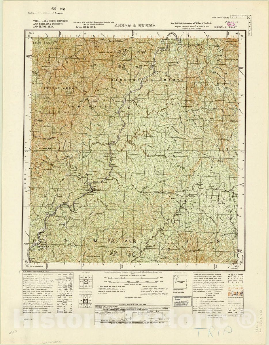 Map : Tribal area, Upper Chindwin and Myitkyina Districts and Tribal area, Assam & Burma, 83 O 1934, India 1:253,440, Antique Vintage Reproduction