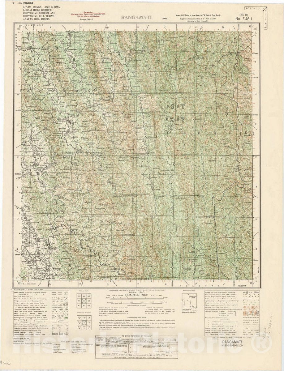 Map : Assam, Bangal and Burma, Lushai Hills District, Chittagong District and Chittagong Hill Tracts, Arakan Hill Tracts, Rangamati 84 B 1940, India 1:253,440