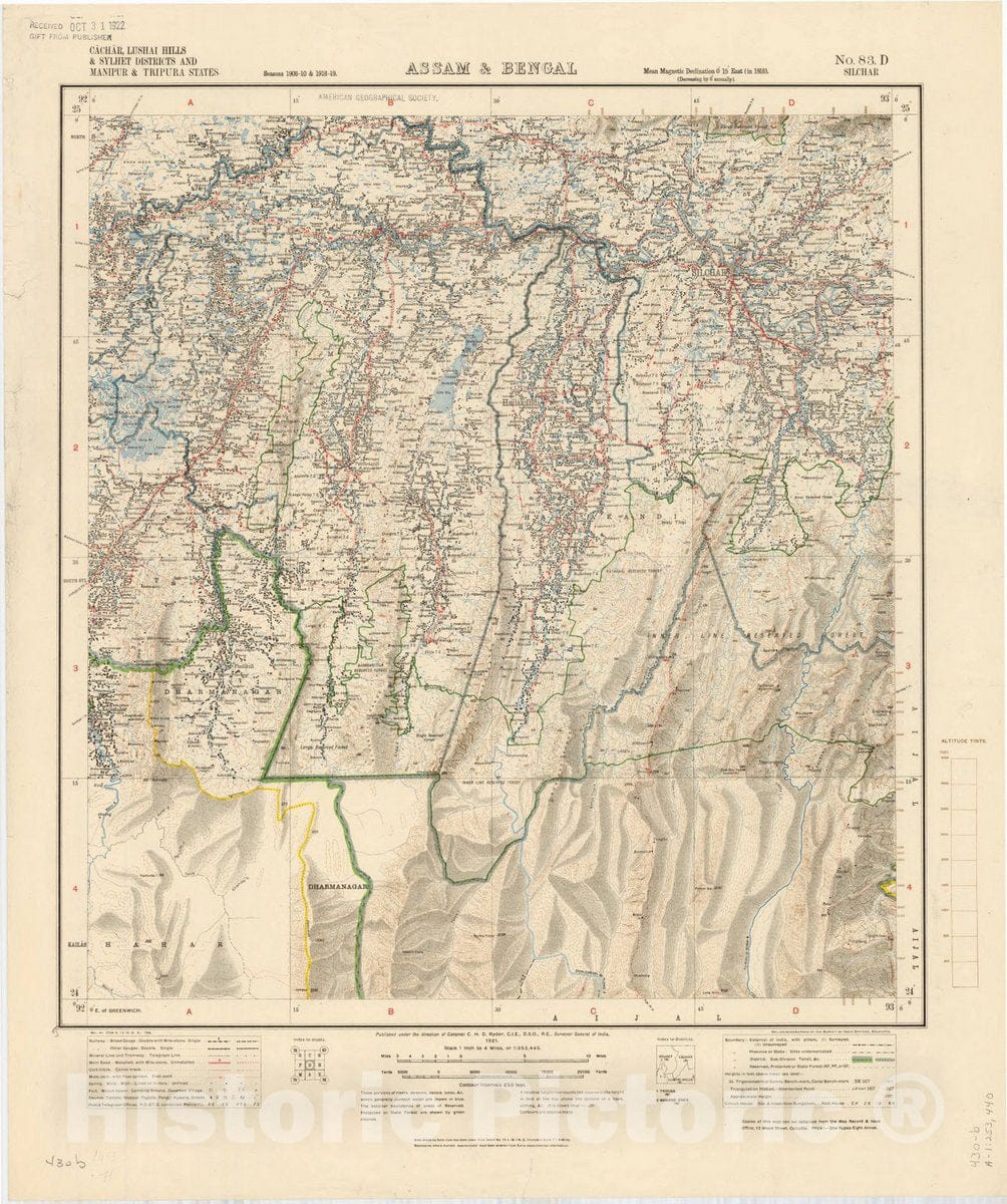 Map : Cachar, Lushai Hills & Sylhet Districts and Manipur & Tripura States, Assam & Bengal, No. 83 D Silchar 1921, India 1:253,440, Antique Vintage Reproduction