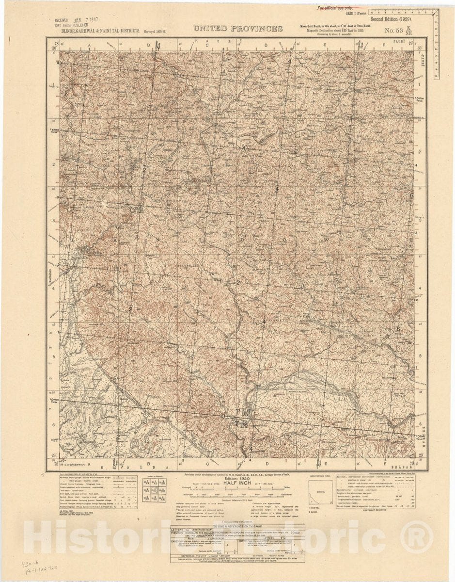 Map : Bijnor, Garhwal & Naini Talk Districts, United Provinces, No. 53 K/N.E. 1943, India and adjacent countries, Antique Vintage Reproduction