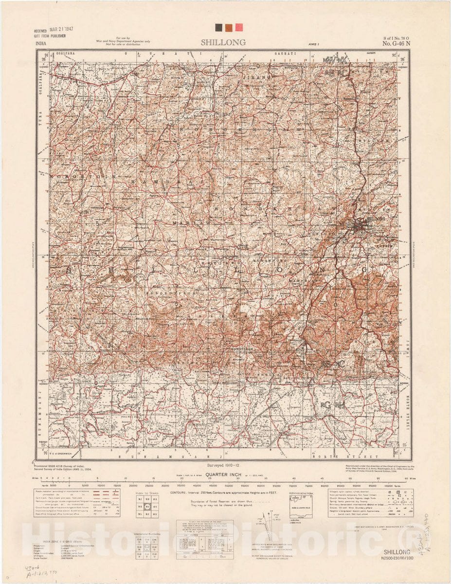 Map : India, Shillong S of I no. 78 O, 1944, India 1:253,440, Antique Vintage Reproduction