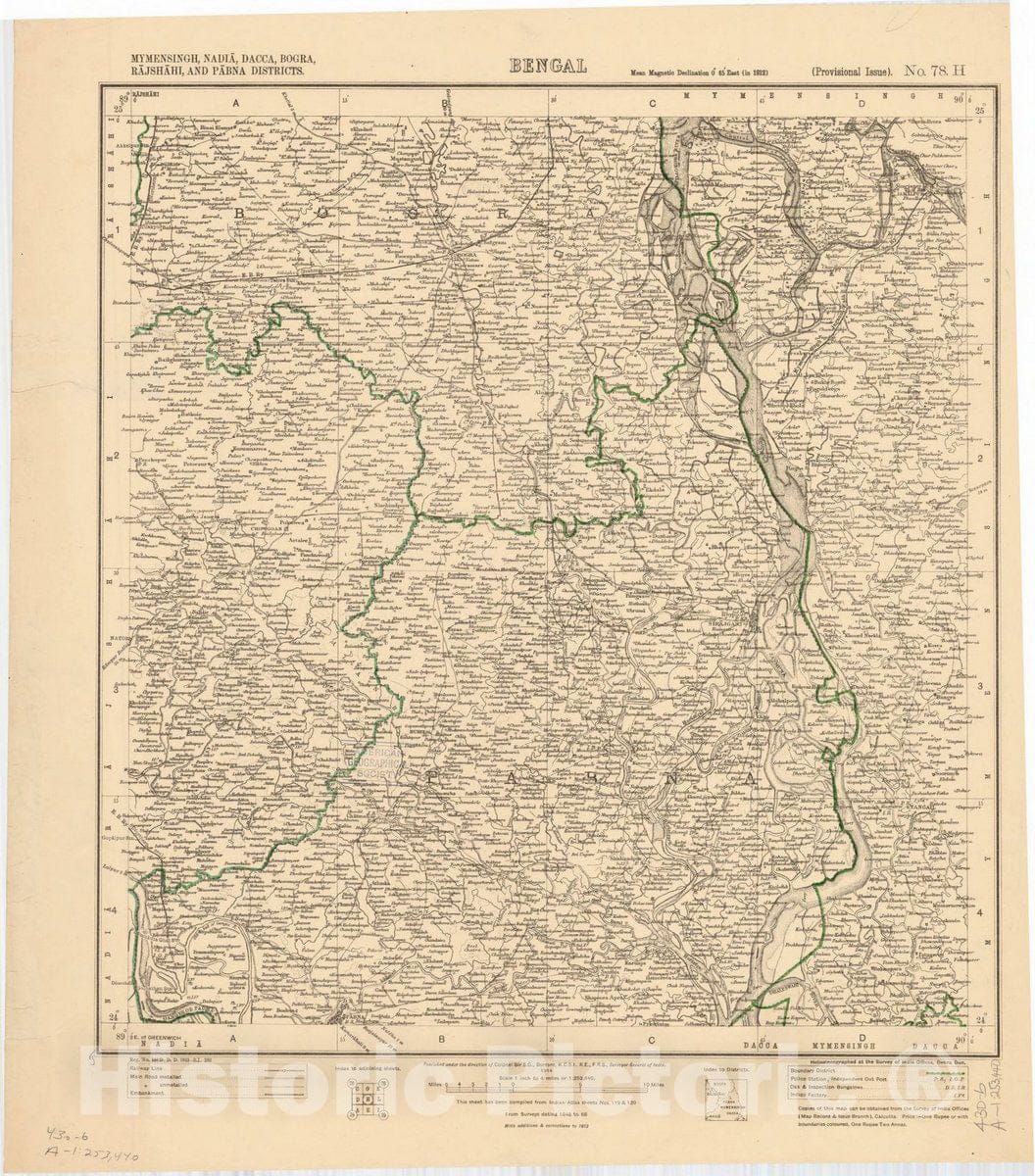 Map : Mymensingh, Nadia, Dacca, Bogra, Rajshahi, and Pabna Districts, Bengal, No. 78 H 1914, India 1:253,440, Antique Vintage Reproduction