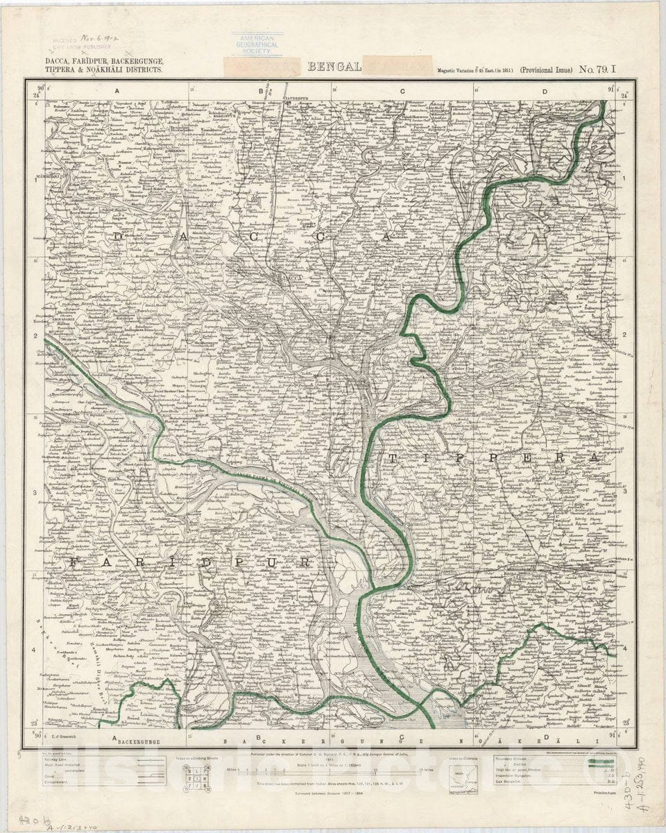 Map : Dacca, Faridpur, Backergunge, Tippera & Noakhali Districts, Bengal, No. 79 I 1911, India 1:253,440, Antique Vintage Reproduction