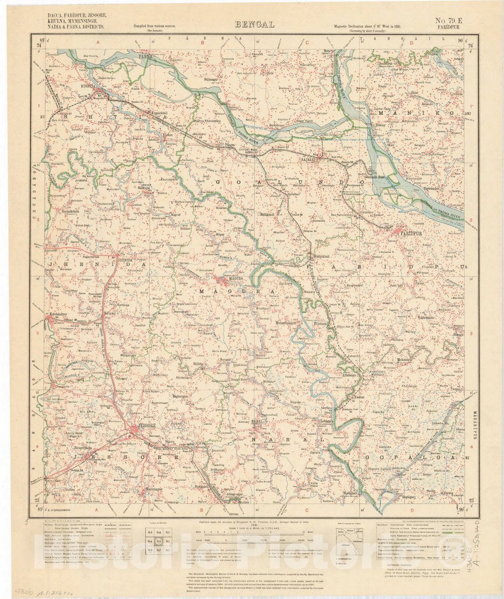 Map : Dacca, Faridpur, Jessore, Khulna, Mymensingh, Nadia & Pabna Districts, Bengal, No. 79 E 1931, India 1:253,440, Antique Vintage Reproduction