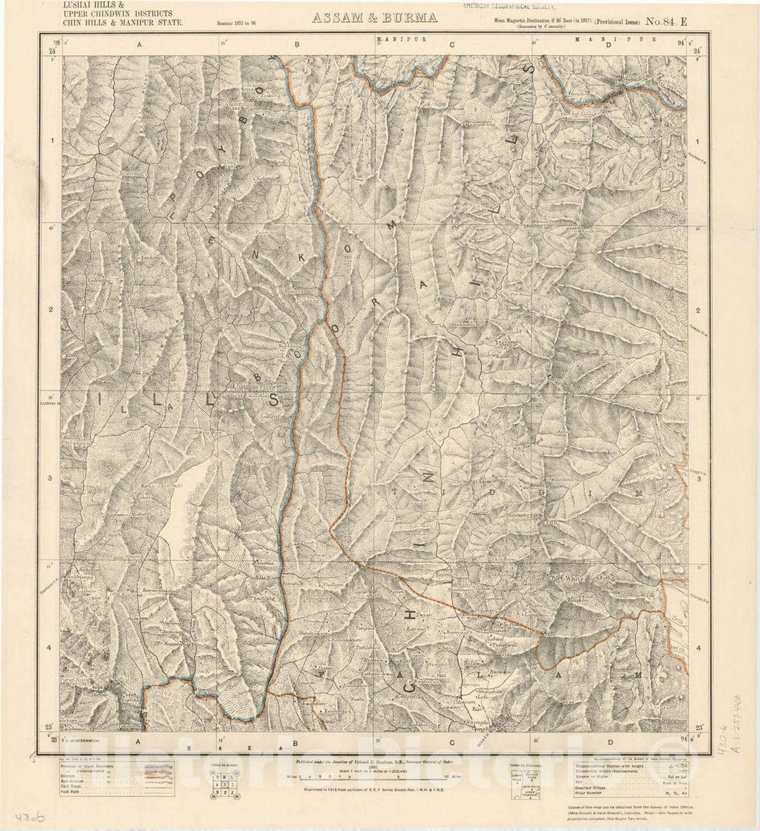 Map : Lushai Hills & Upper Chindwin Districts, Chin Hills & Manipur State, Assam & Burma, No. 84 E 1918, India 1:253,440, Antique Vintage Reproduction