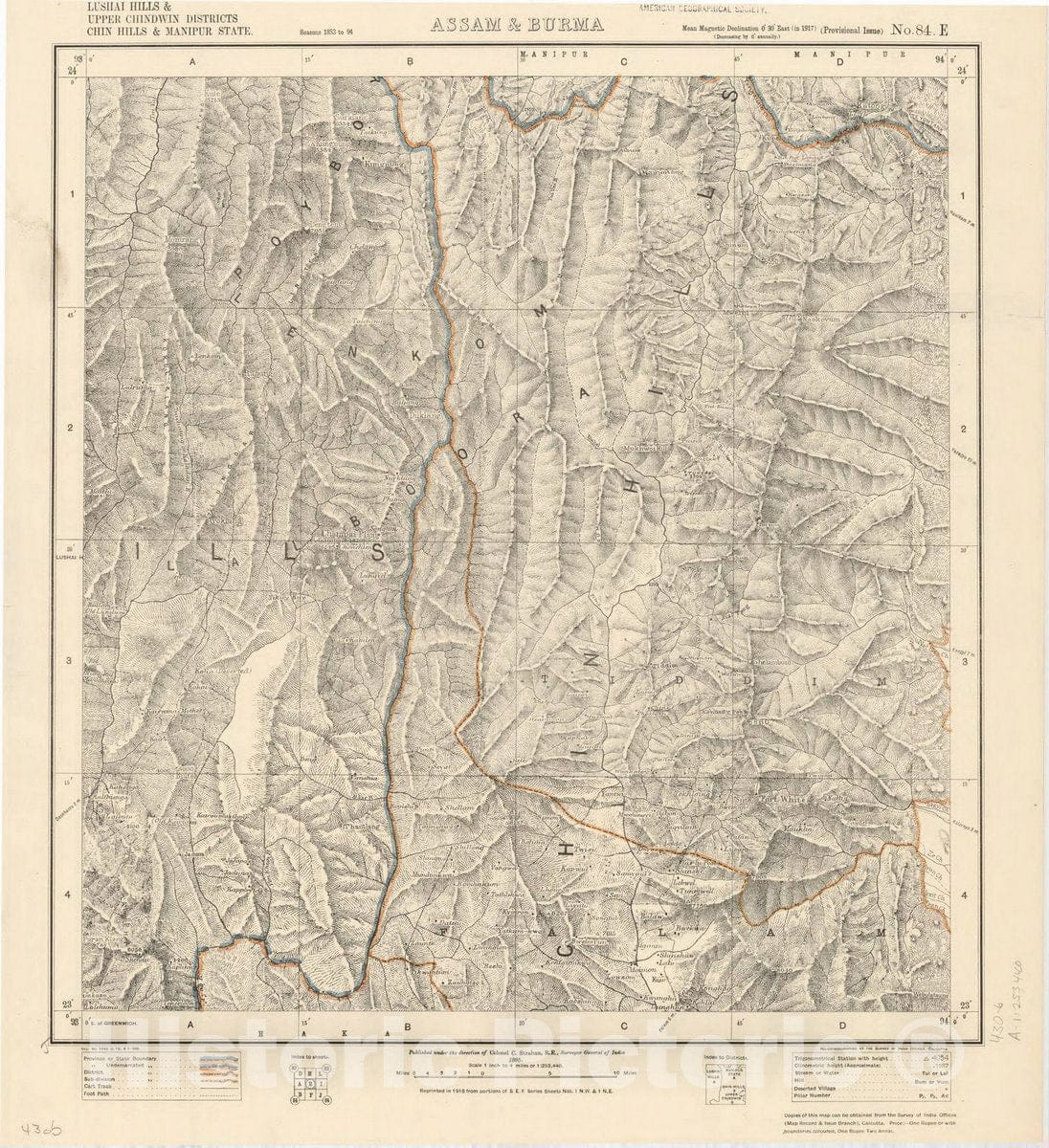 Map : Lushai Hills & Upper Chindwin Districts, Chin Hills & Manipur State, Assam & Burma, No. 84 E 1918, India 1:253,440, Antique Vintage Reproduction