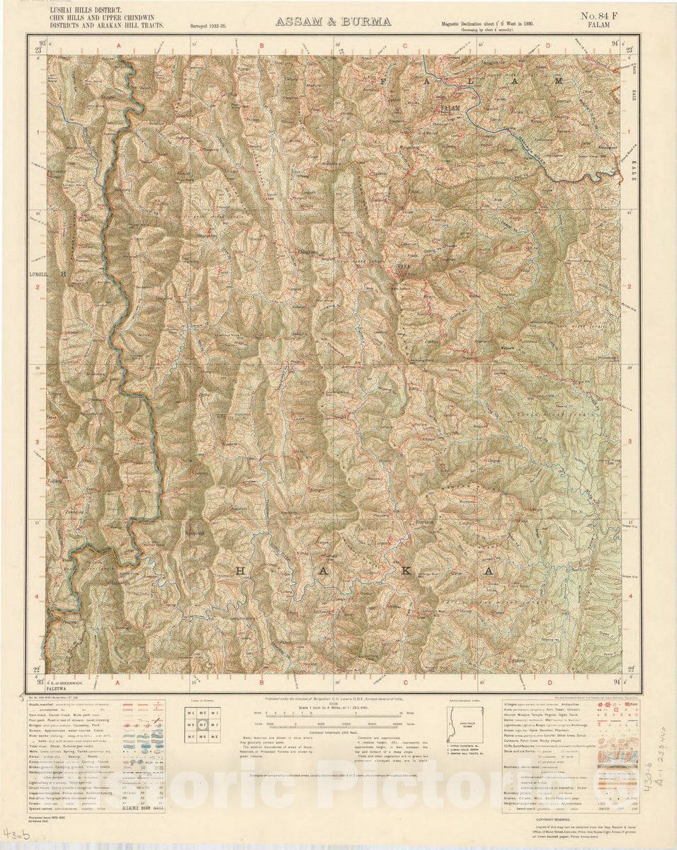 Historic Map : Lushai Hills District, Chin Hills and Upper Chindwin Districts and Arakan Hill Tracts, Assam & Burma, No. 84 F Falam 1938, India 1:253,440, Antique Vintage Reproduction