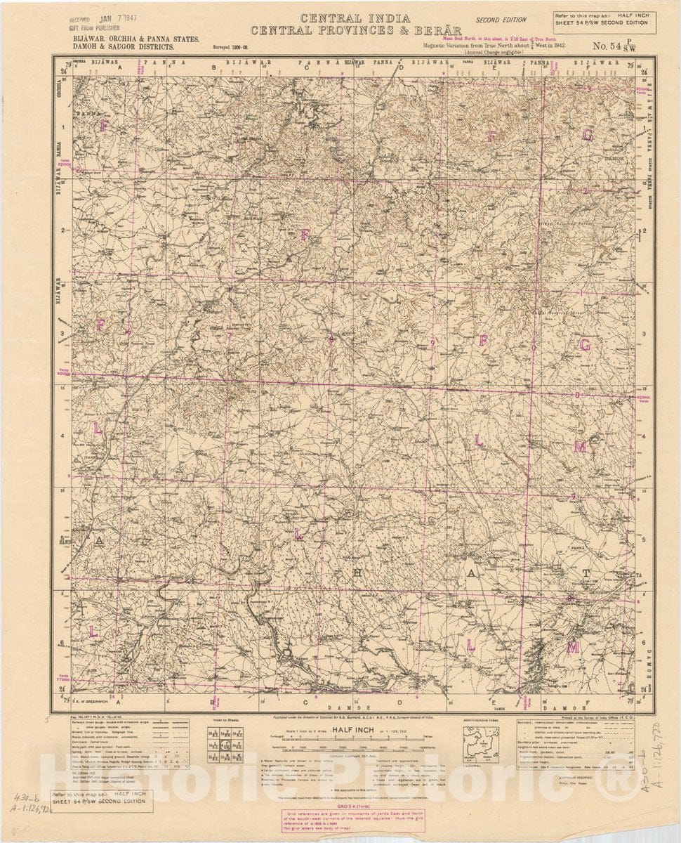 Map : Bijawar, Orchha & Panna States, Damoh & Saugor Districts, Central India,m, 1945, India and adjacent countries, Antique Vintage Reproduction