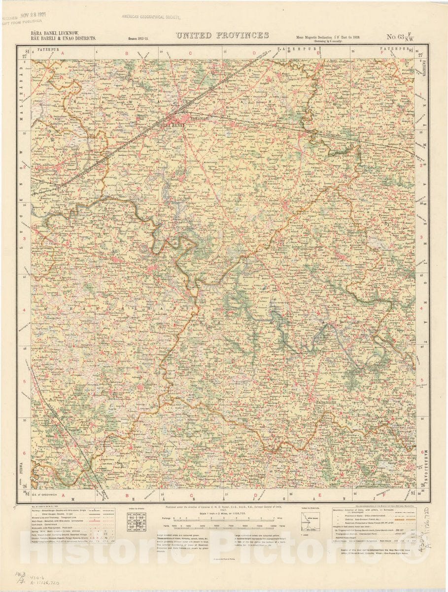 Map : Bara Banki, Lucknow, Rae Bareli & Unao Districts, United Provinces, No. 63 F/N.W. 1921, India and adjacent countries, Antique Vintage Reproduction