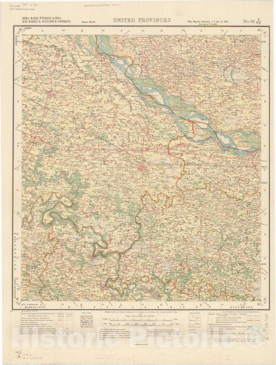 Map : Bara Banki, Fyzabad, Gonda, Rae Bareli & Sultanpur Districts, United Provinces, No. 63 F/N.E. 1921, India and adjacent countries, Antique Vintage Reproduction