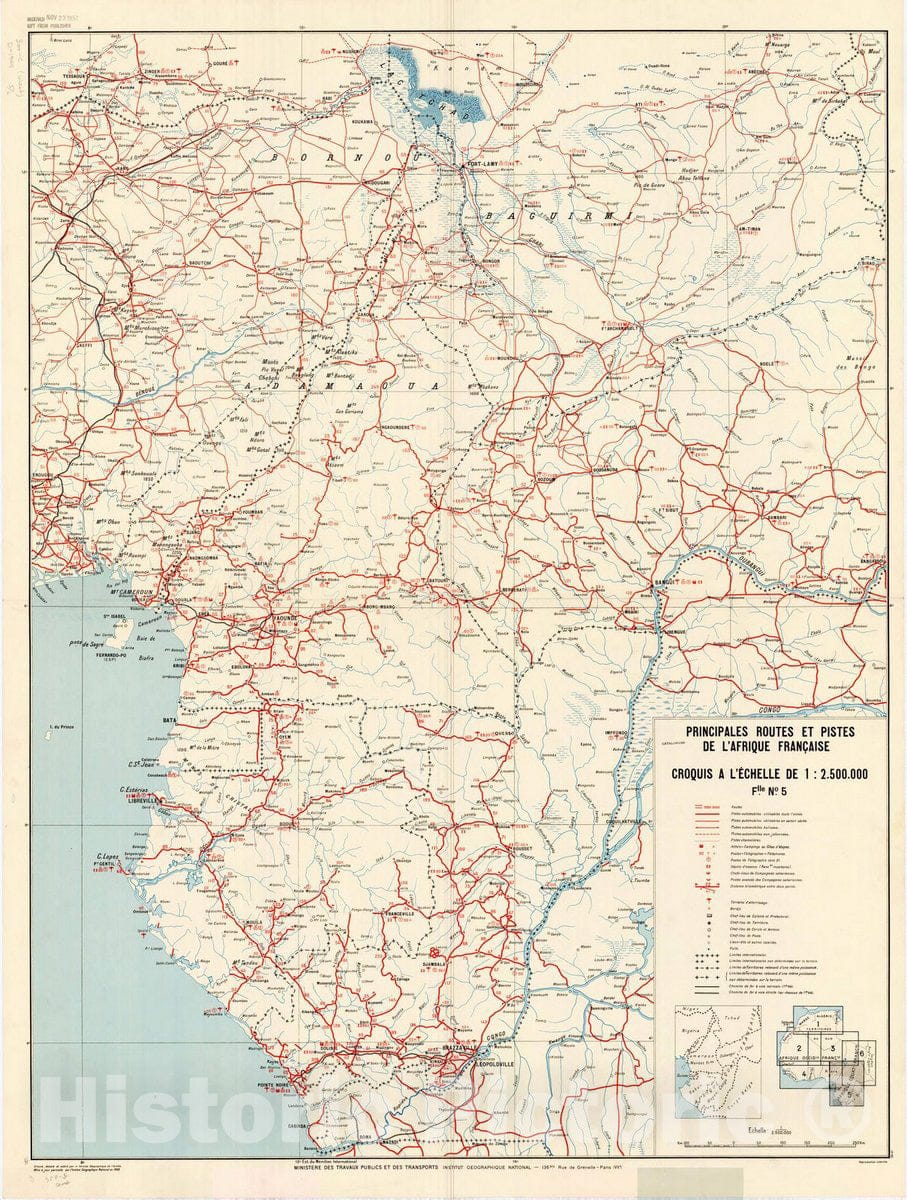 Map : Africa 1949 6, Principales routes et pistes de l'Afrique Francaise , Antique Vintage Reproduction