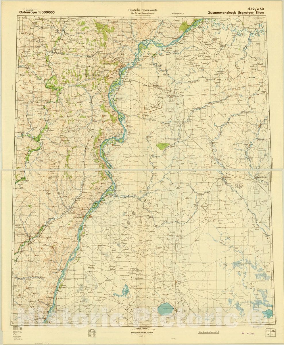 Map : Ssaratow and Elton, Germany 1943, Osteuropa 1:300,000 Zusammendruck Ssaratow Elton sheet d52, Antique Vintage Reproduction