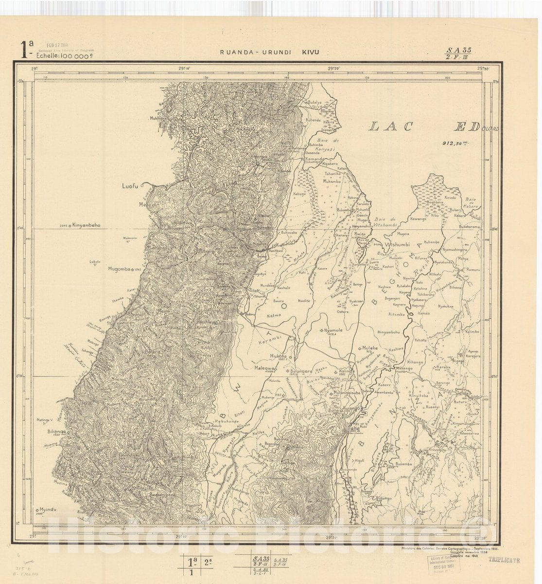 Map : Ruanda-Urundi, Africa 1948 4, Belgian Congo, Africa Ruanda-Urundi District scale 1:100,000 , Antique Vintage Reproduction