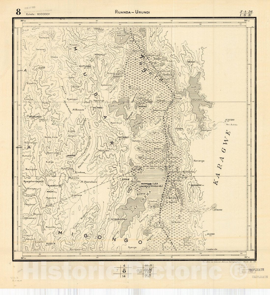 Map : Ruanda-Urundi, Africa 1948 7, Belgian Congo, Africa Ruanda-Urundi District scale 1:100,000 , Antique Vintage Reproduction