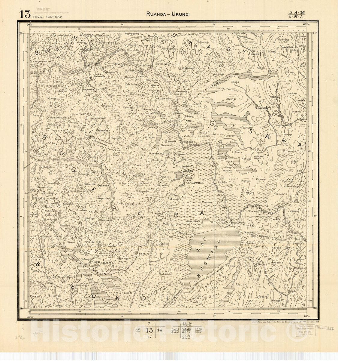 Map : Ruanda-Urundi, Africa 1948 10, Belgian Congo, Africa Ruanda-Urundi District scale 1:100,000 , Antique Vintage Reproduction