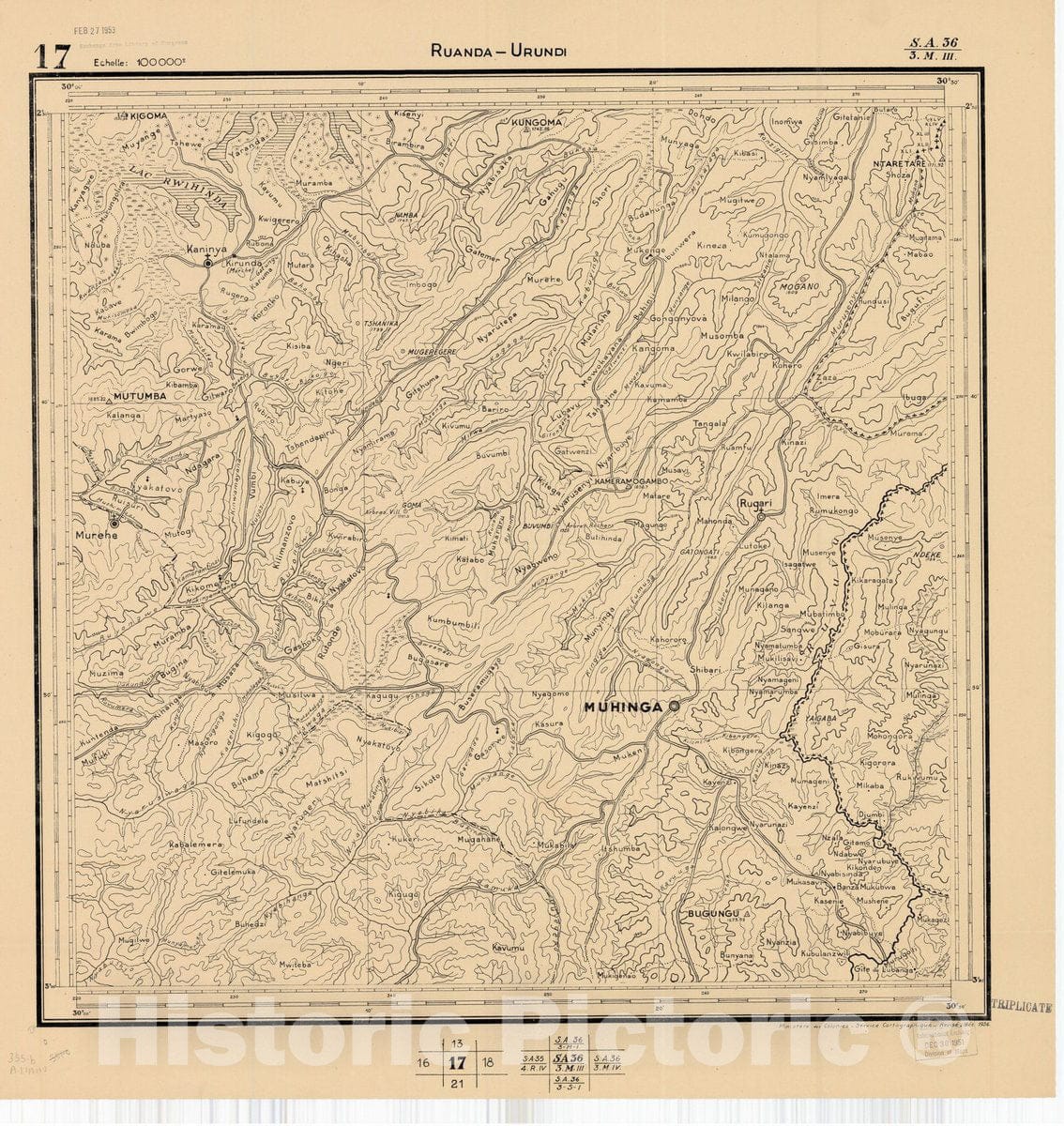 Map : Ruanda-Urundi, Africa 1948 13, Belgian Congo, Africa Ruanda-Urundi District scale 1:100,000 , Antique Vintage Reproduction