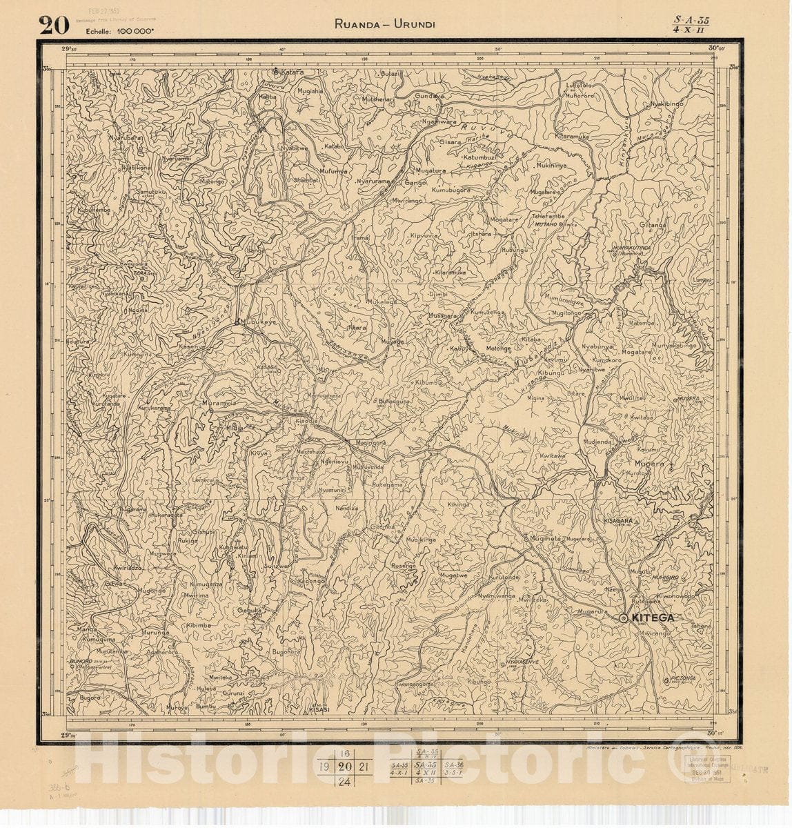 Map : Ruanda-Urundi, Africa 1948 14, Belgian Congo, Africa Ruanda-Urundi District scale 1:100,000 , Antique Vintage Reproduction