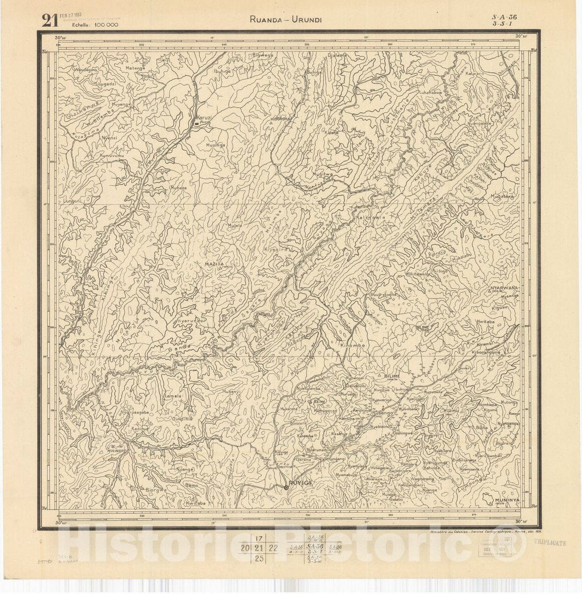 Map : Ruanda-Urundi, Africa 1948 15, Belgian Congo, Africa Ruanda-Urundi District scale 1:100,000 , Antique Vintage Reproduction