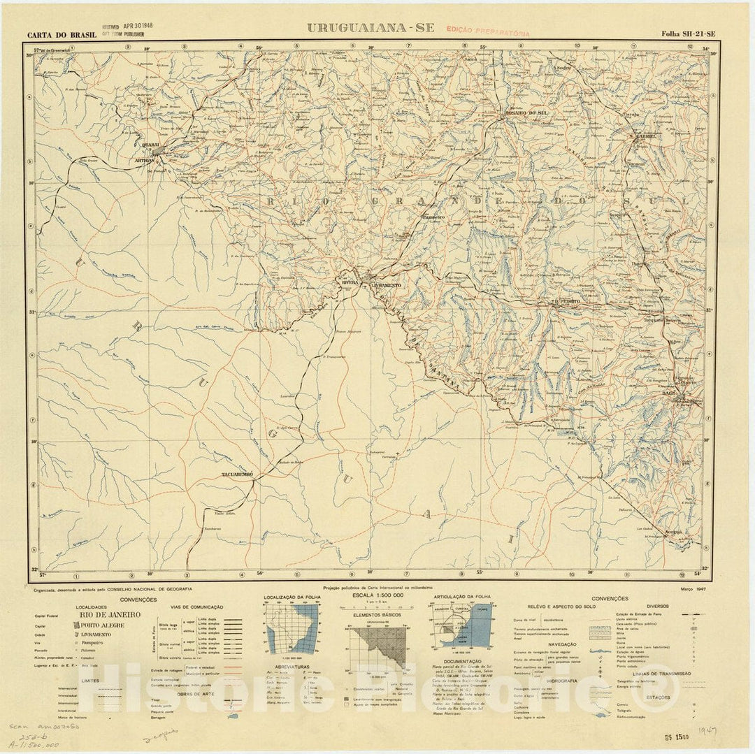 Map : Uruguaiana - SE, Brazil 1947, Carta do Brasil , Antique Vintage Reproduction