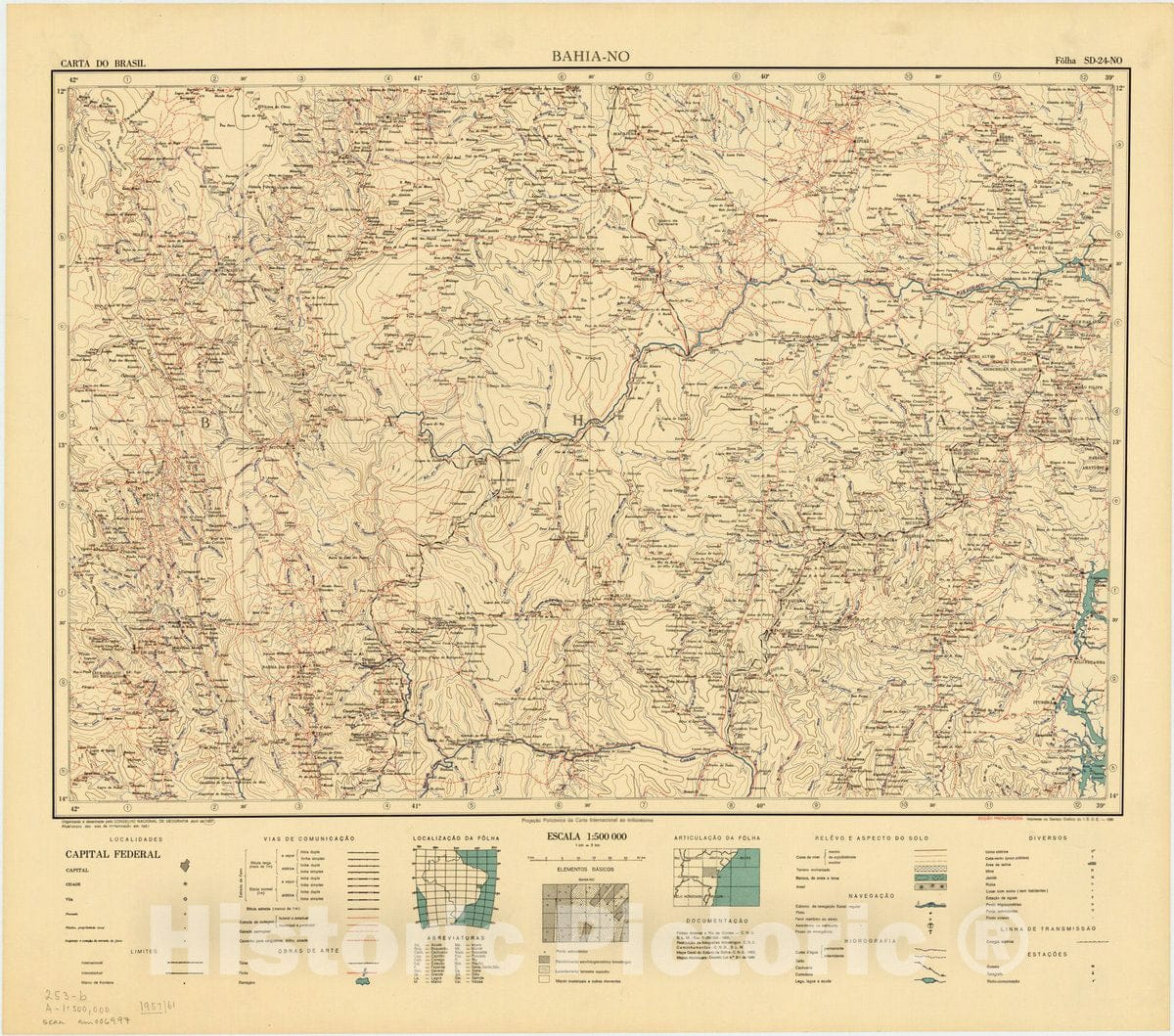 Map : Bahia - NO, Brazil 1957, Carta do Brasil , Antique Vintage Reproduction