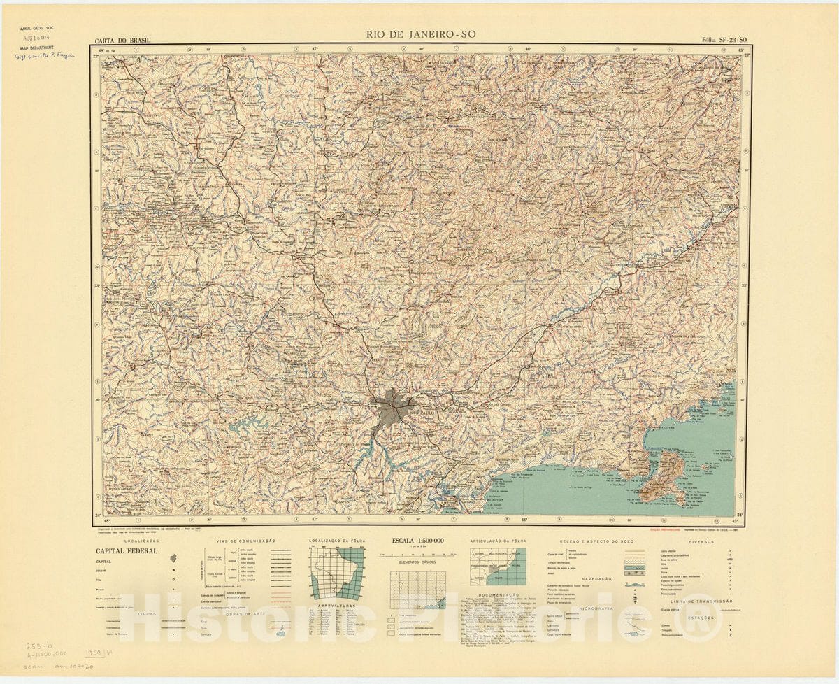 Map : Rio de Janeiro - SO, Brazil 1961, Carta do Brasil , Antique Vintage Reproduction