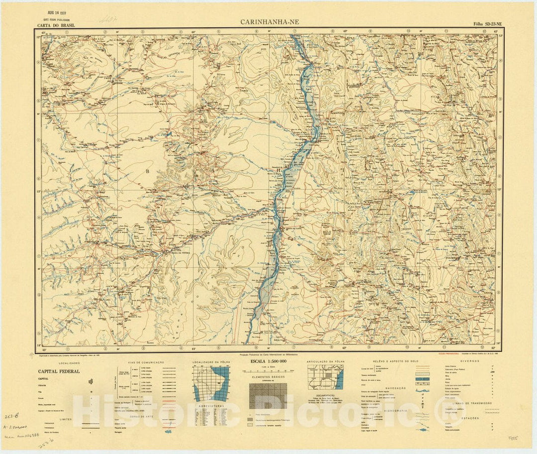 Map : Carinhanha - NE, Brazil 1955, Carta do Brasil , Antique Vintage Reproduction