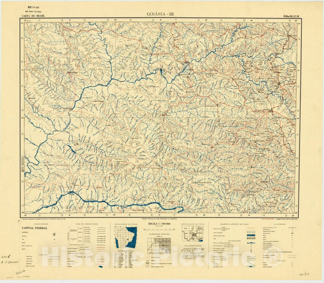 Map : Goiania - SE, Brazil 1952, Carta do Brasil , Antique Vintage Reproduction