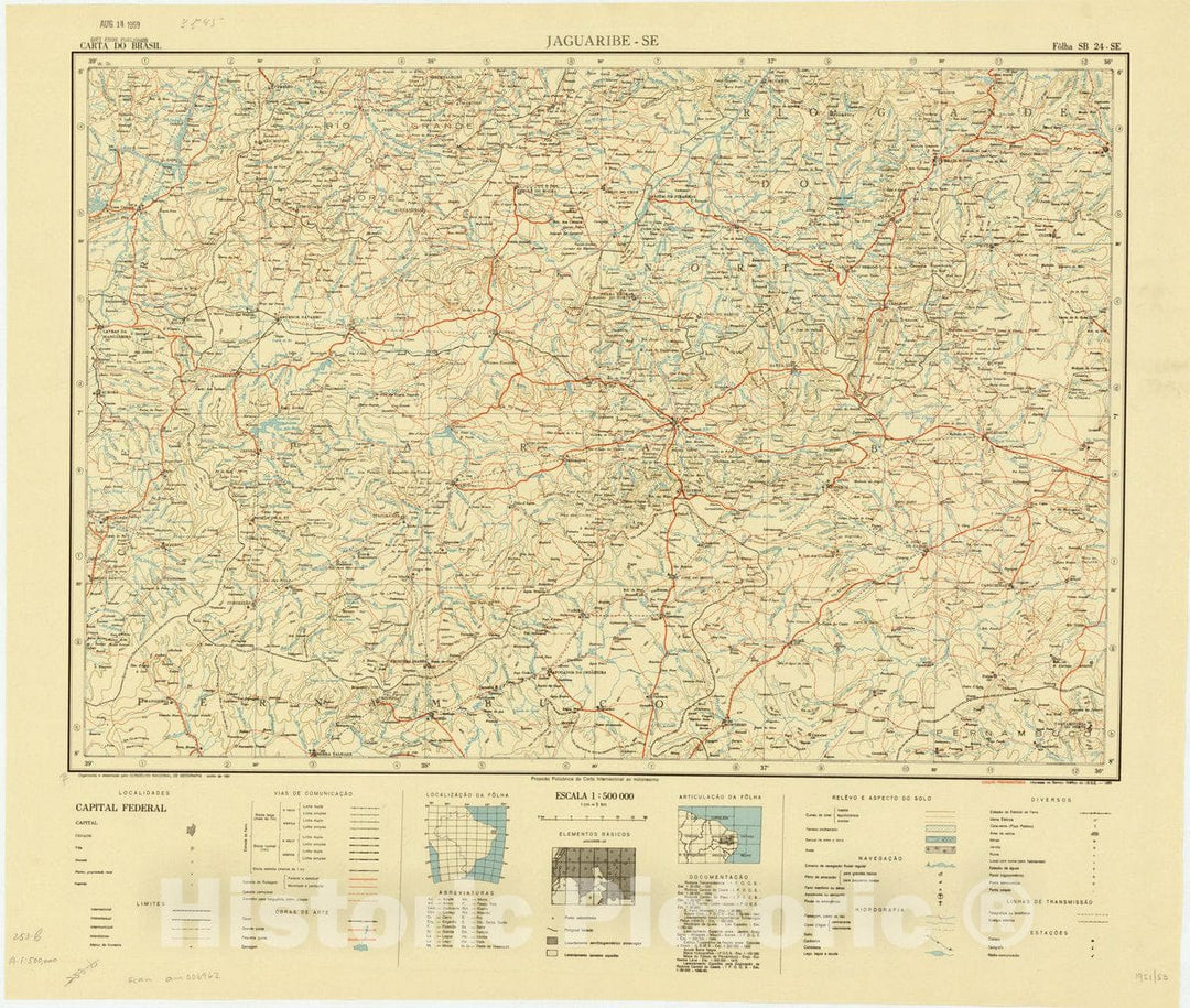 Map : Jabuaribe - SE, Brazil 1951, Carta do Brasil , Antique Vintage Reproduction