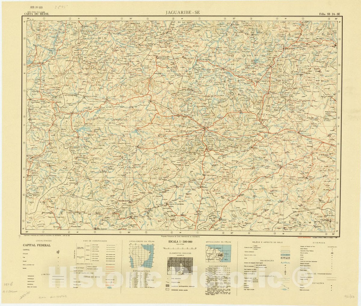 Map : Jabuaribe - SE, Brazil 1951, Carta do Brasil , Antique Vintage Reproduction