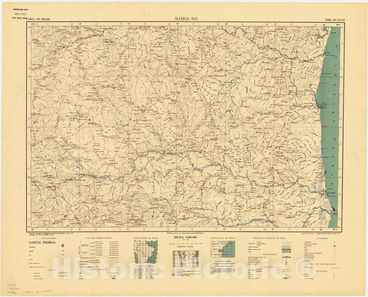 Map : Bahia - SO, Brazil 1959, Carta do Brasil , Antique Vintage Reproduction