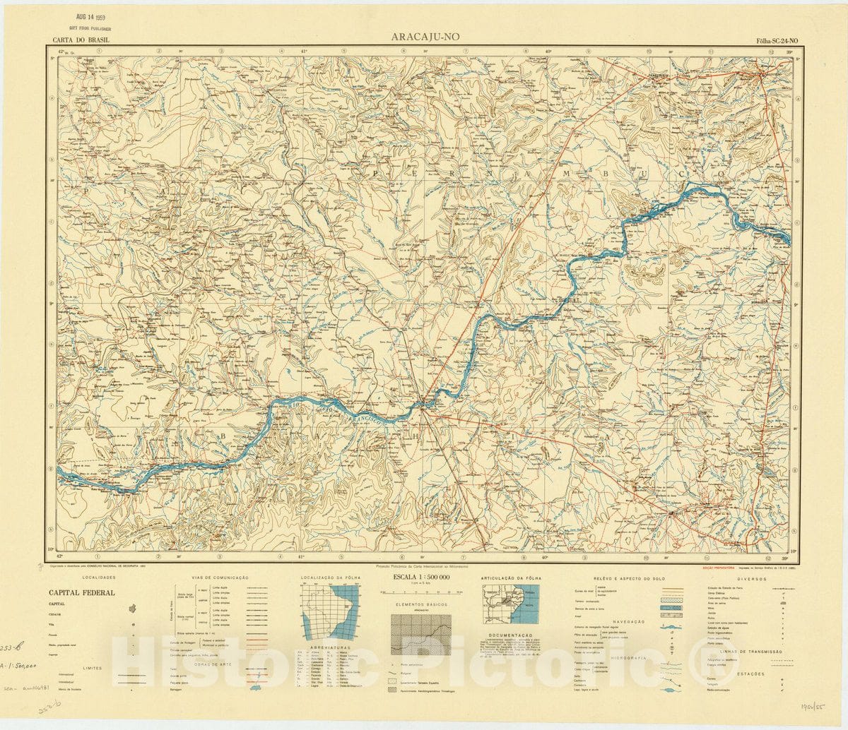 Map : Aracaju - NO, Brazil 1952, Carta do Brasil , Antique Vintage Reproduction