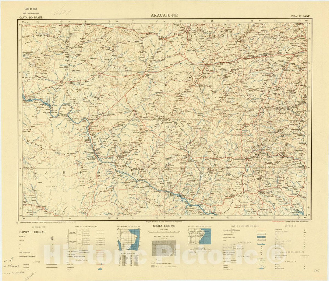 Map : Aracaju - NE, Brazil 1955, Carta do Brasil , Antique Vintage Reproduction