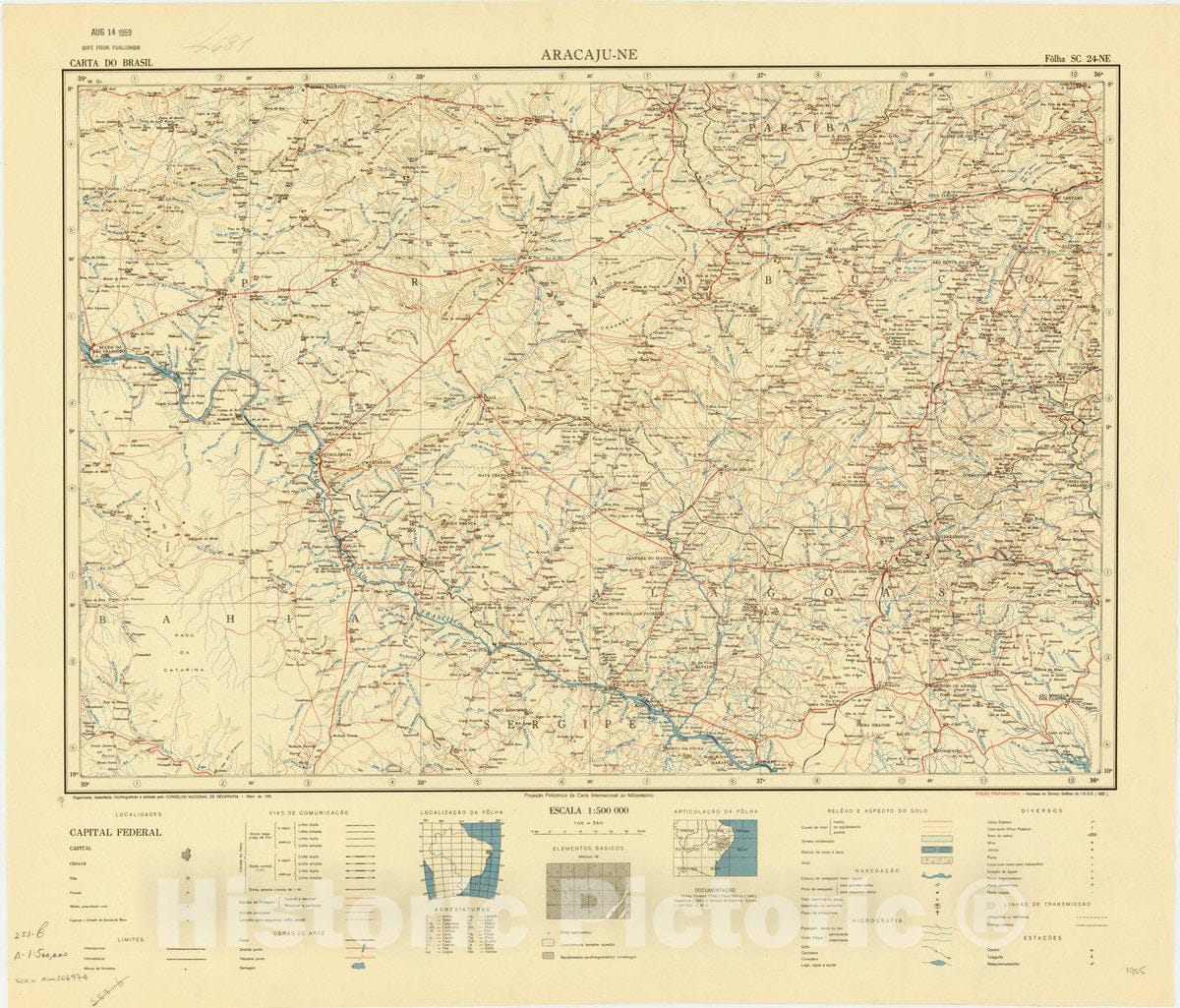 Map : Aracaju - NE, Brazil 1955, Carta do Brasil , Antique Vintage Reproduction